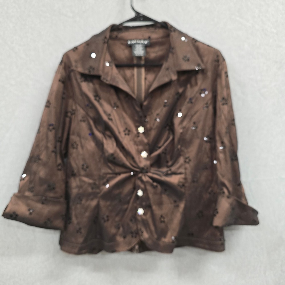 Cachet Womens Brown Sequin Embroidered Twist Front Evening Top Blouse Size 16
